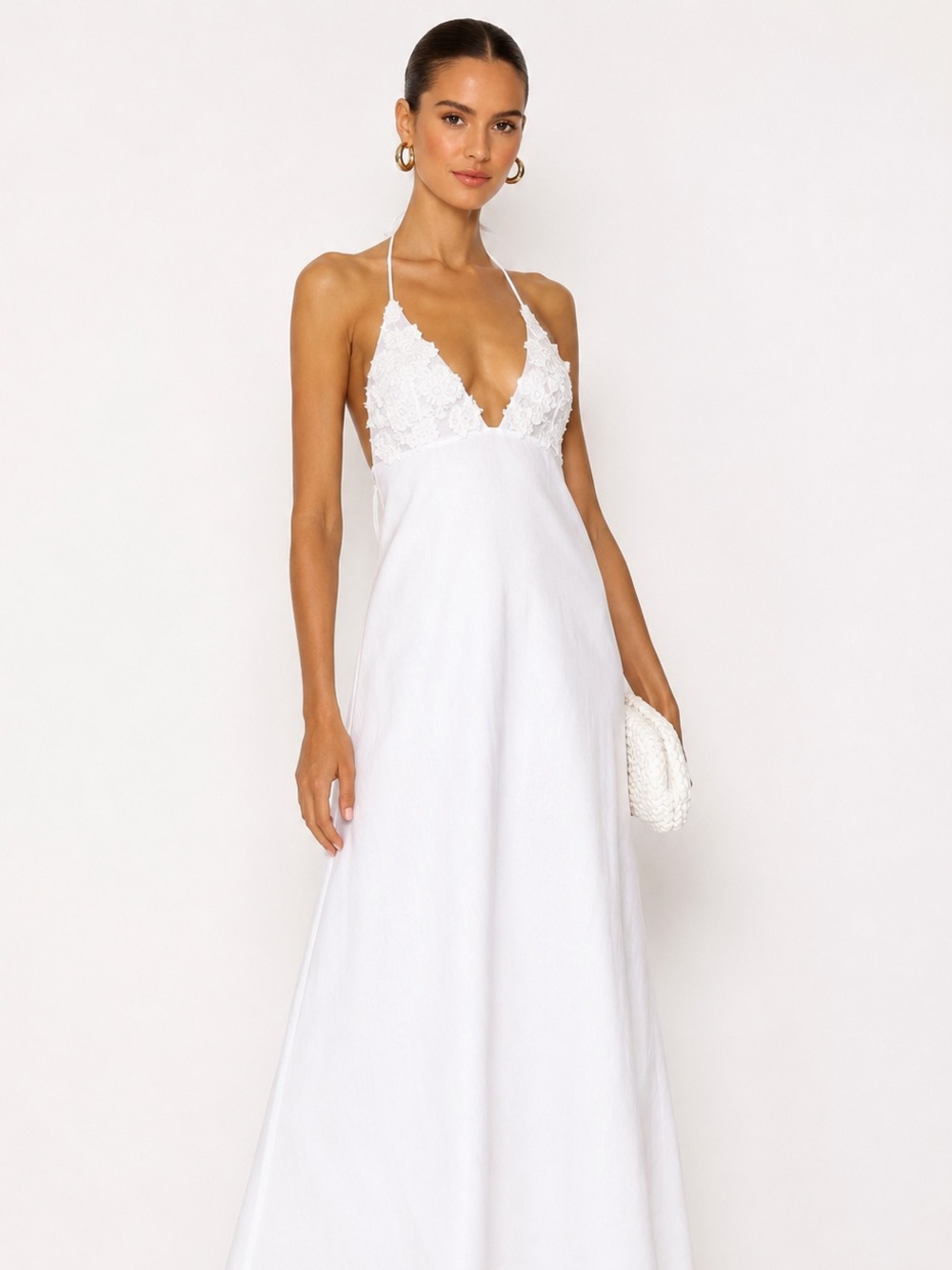 Zara White Cotton Lace Halter Maxi Dress Size L Open Back